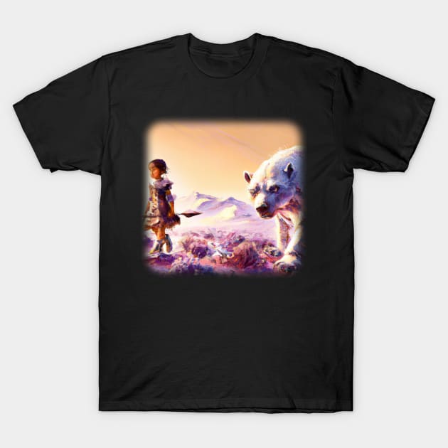 Warrior girl walking next to a polar bear T-Shirt by Perryfranken